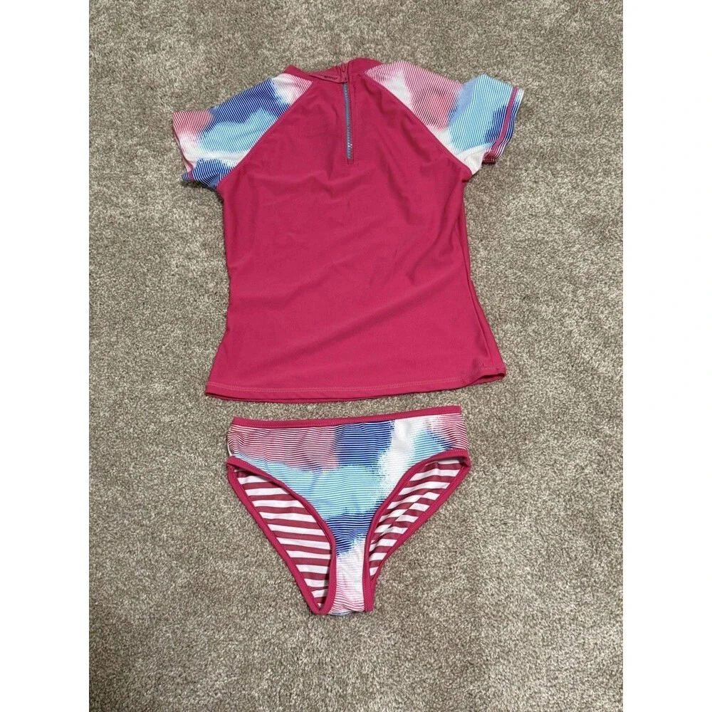 Eddie Bauer Girls Swimsuit Set Short Sleeve Rash Guard Bikini Bottoms   Size 7/8